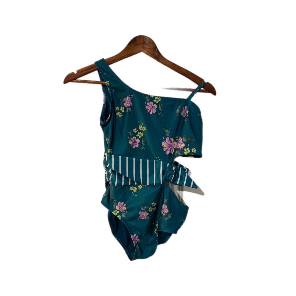 Justice One Piece Swimsuit Kids Size 12/14 Teal Floral One Shoulder Excellent